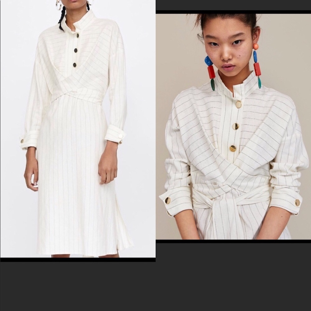 Zara Linen Shirt Dress - Midi Length - Cream with Stripes